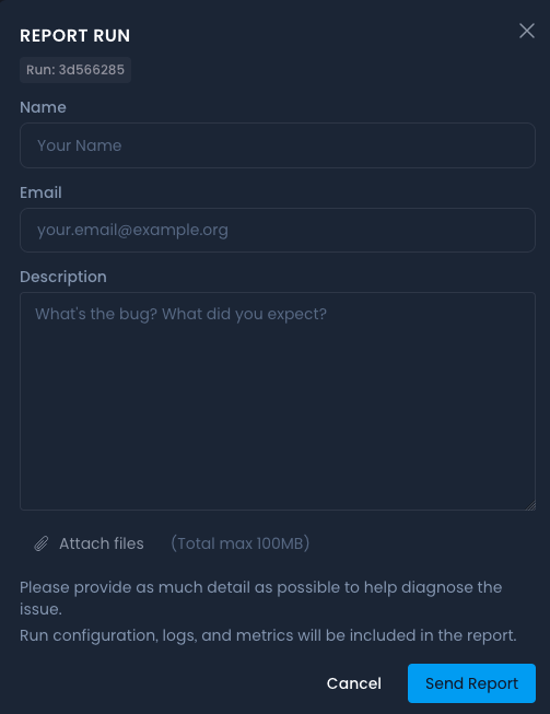 Screenshot showing the error report form